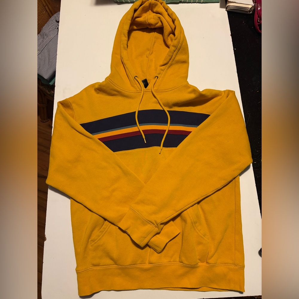 Zine Women's Small Mustard Pullover Hoodie Sweatshirt W Stripe Graphics Cotton